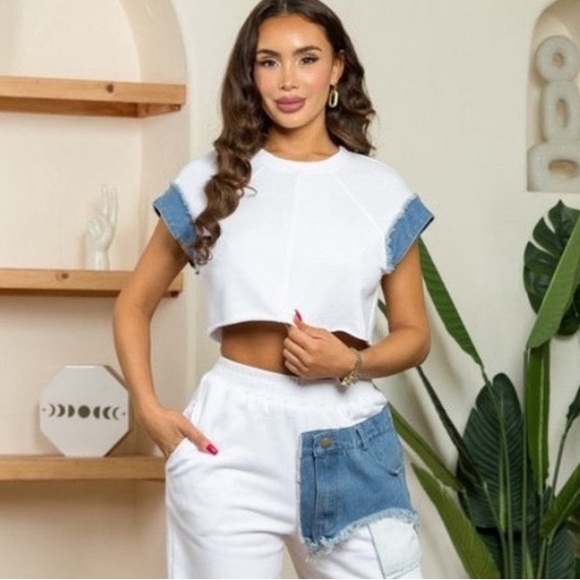713. Francisca Crop Top with Denim Detail in White - Picture 1 of 2